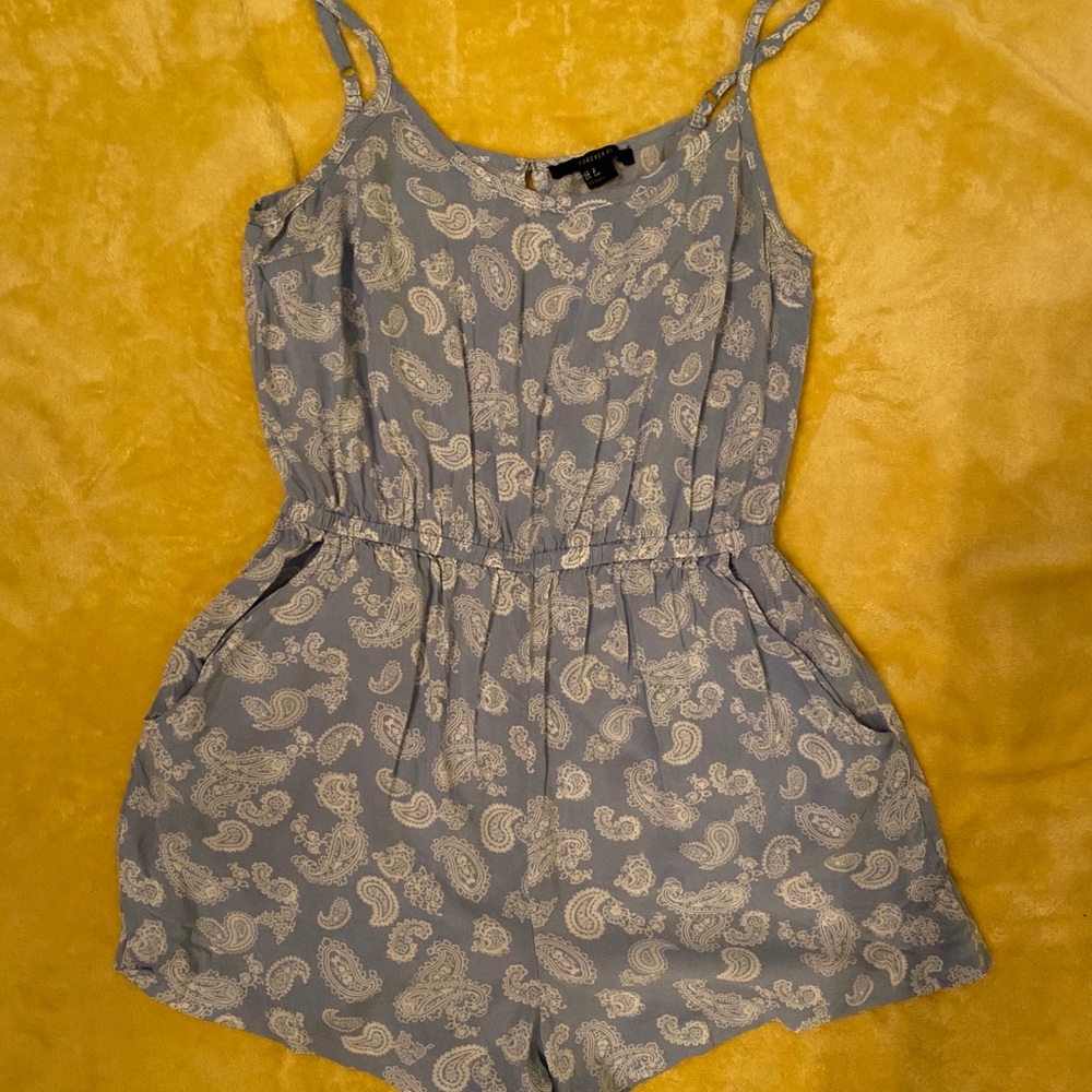 Light blue and white paisley romper